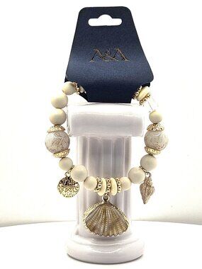 Beach Charm Bracelet, Coastal Shell Bracelet, Gold Beaded Stretch Bracelet